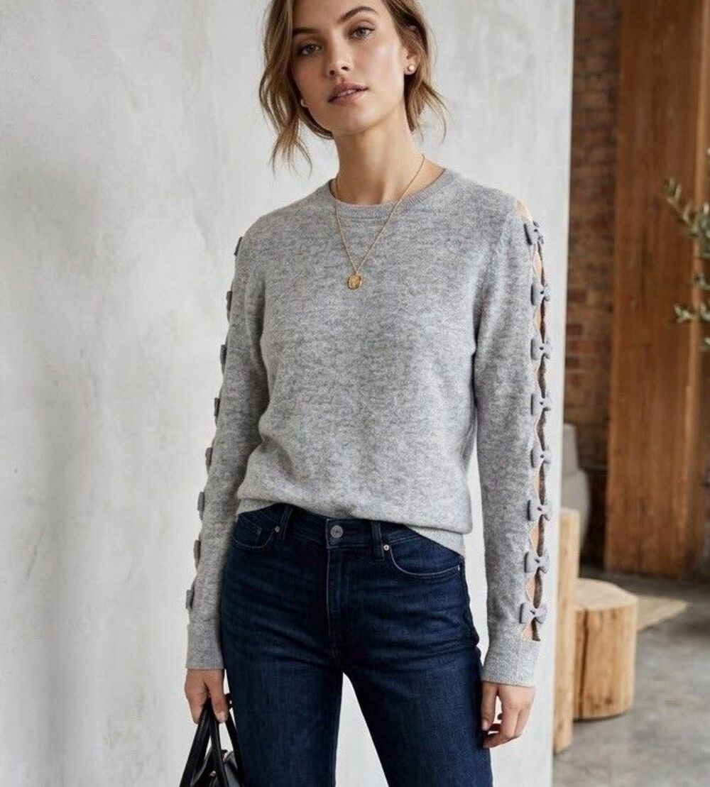 Ted Baker Heather Grey Bow Sleeve Cut Out Wool Cashmere Sweater Sz 3 / US 8